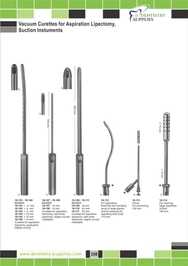 Vacuum Curettes For Aspiration Lipectomy, Suction Instruments
